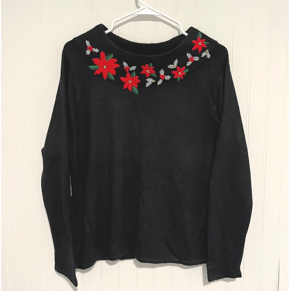 Crystal Kobe Sweater Women S Black Poinsettia Embroidered Holiday